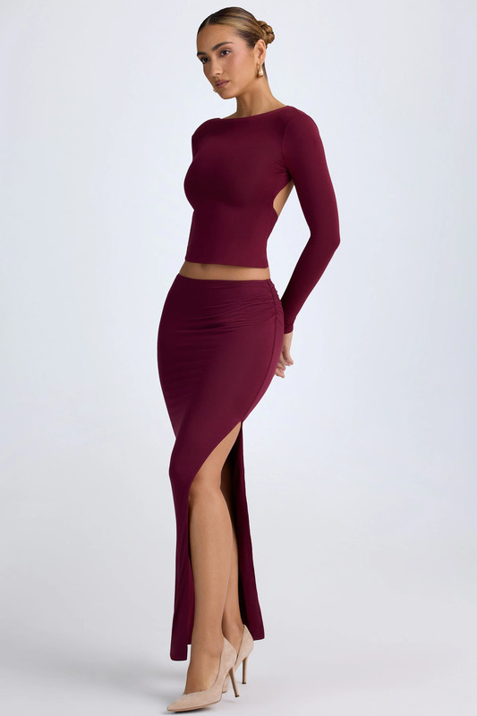 Modal Low-Rise Maxi Skirt in Wine Red - Size:XS